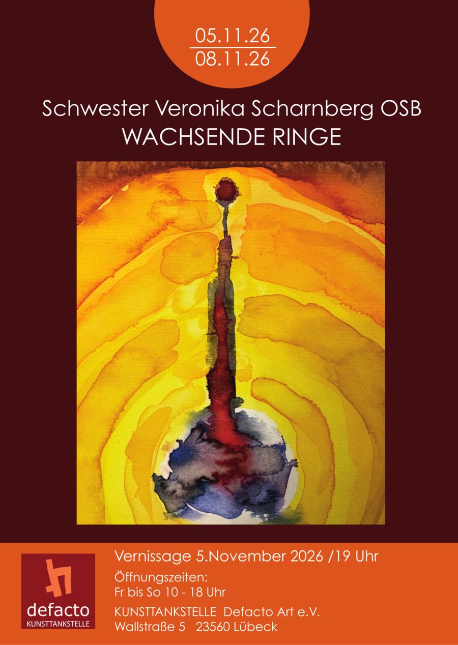 Titel "Schwester Veronika Scharnberg OSB, WACHSENDE RINGE" und ein mit leuchtenden Farben gemaltes abstraktes BIld von gelb-orange-roten Ringen, in der Mitte ein blauer Kern mit einem roten Strahl, der durch die Ringe nach oben geht.